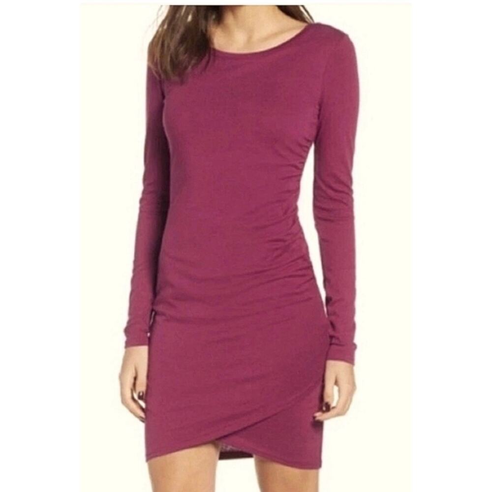 Burgundy Red Long Sleeve Mini Dress With Tulip Hem Base Layer Bodycon Small